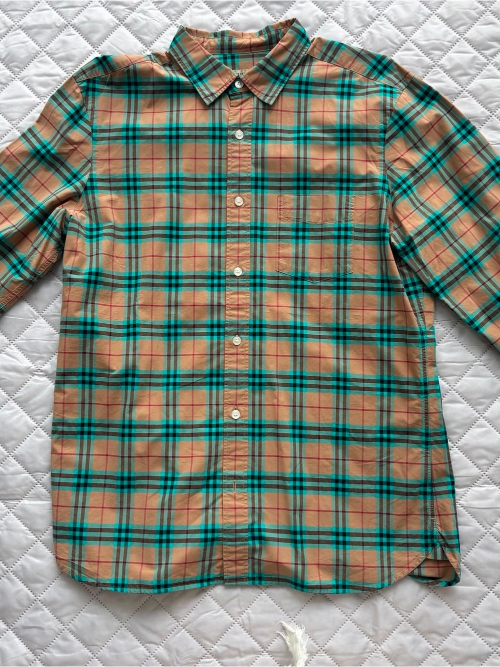 Burberry Tan and Teal Plaid Button-Down Shirt